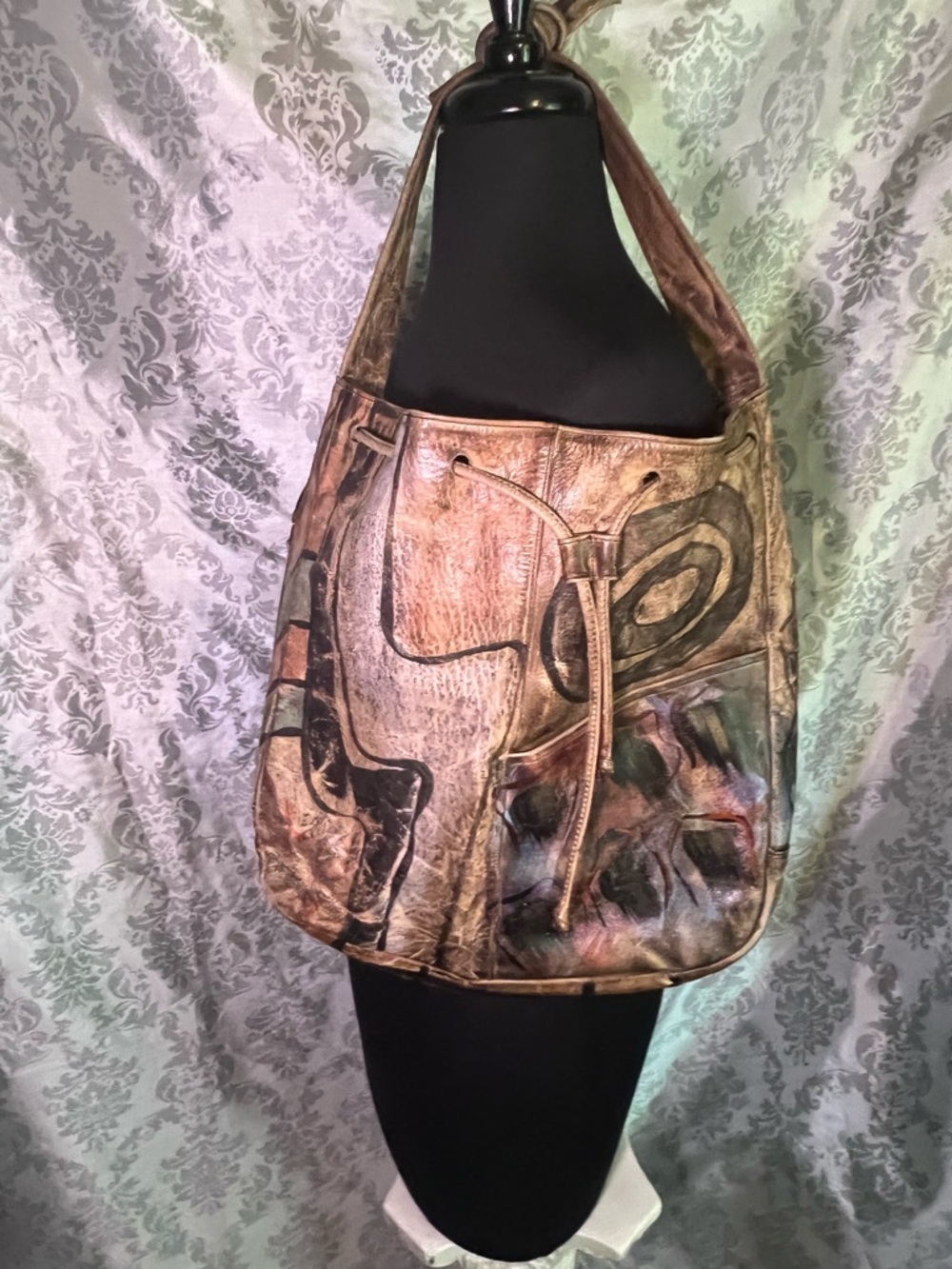 Jane Yoo Wearable Art Hand-Painted Brown Leather Shoulder Bag